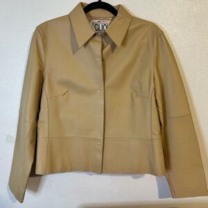 CLIO Leather Jacket Tan Collared Snap Front Pockets Lined Size 10